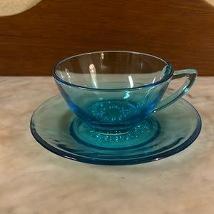 Vintage-DepressionGlass-Teal-Tea Cup And Saucer-6OZ